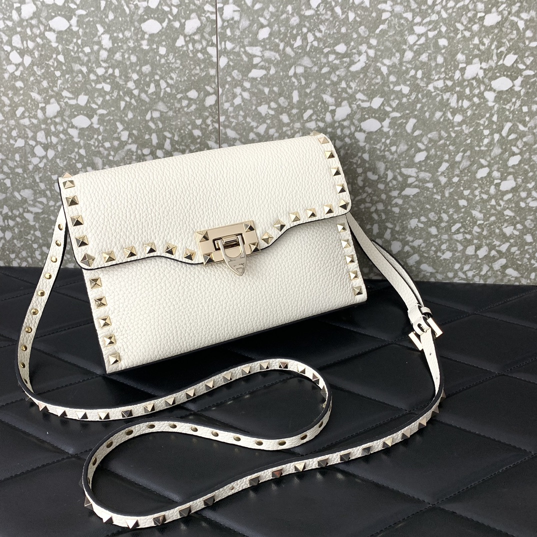 Bagsaaa Va1e*ntin0 Garavani Small Rockstud Leather Shoulder White Bag - 22.5*15.5*6cm