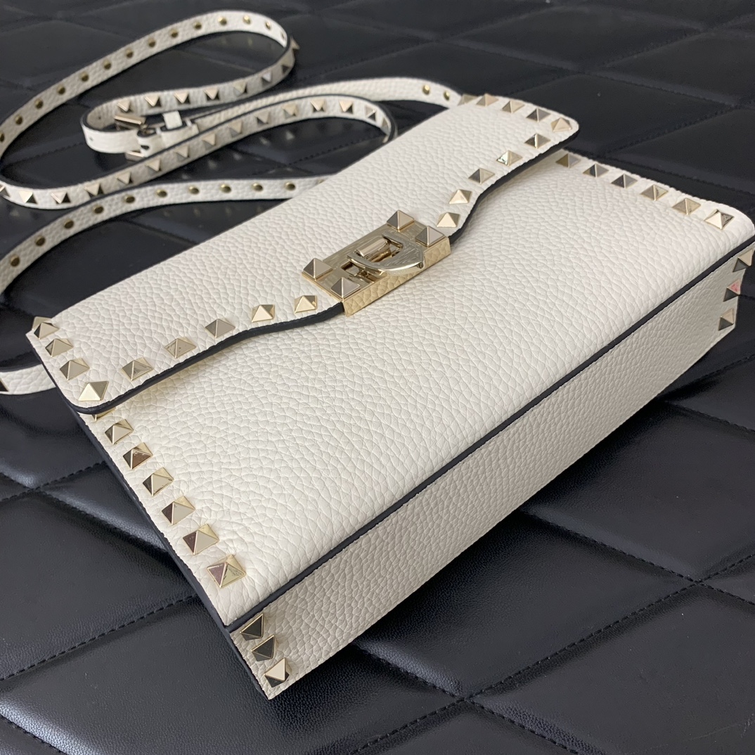 Bagsaaa Va1e*ntin0 Garavani Small Rockstud Leather Shoulder White Bag - 22.5*15.5*6cm