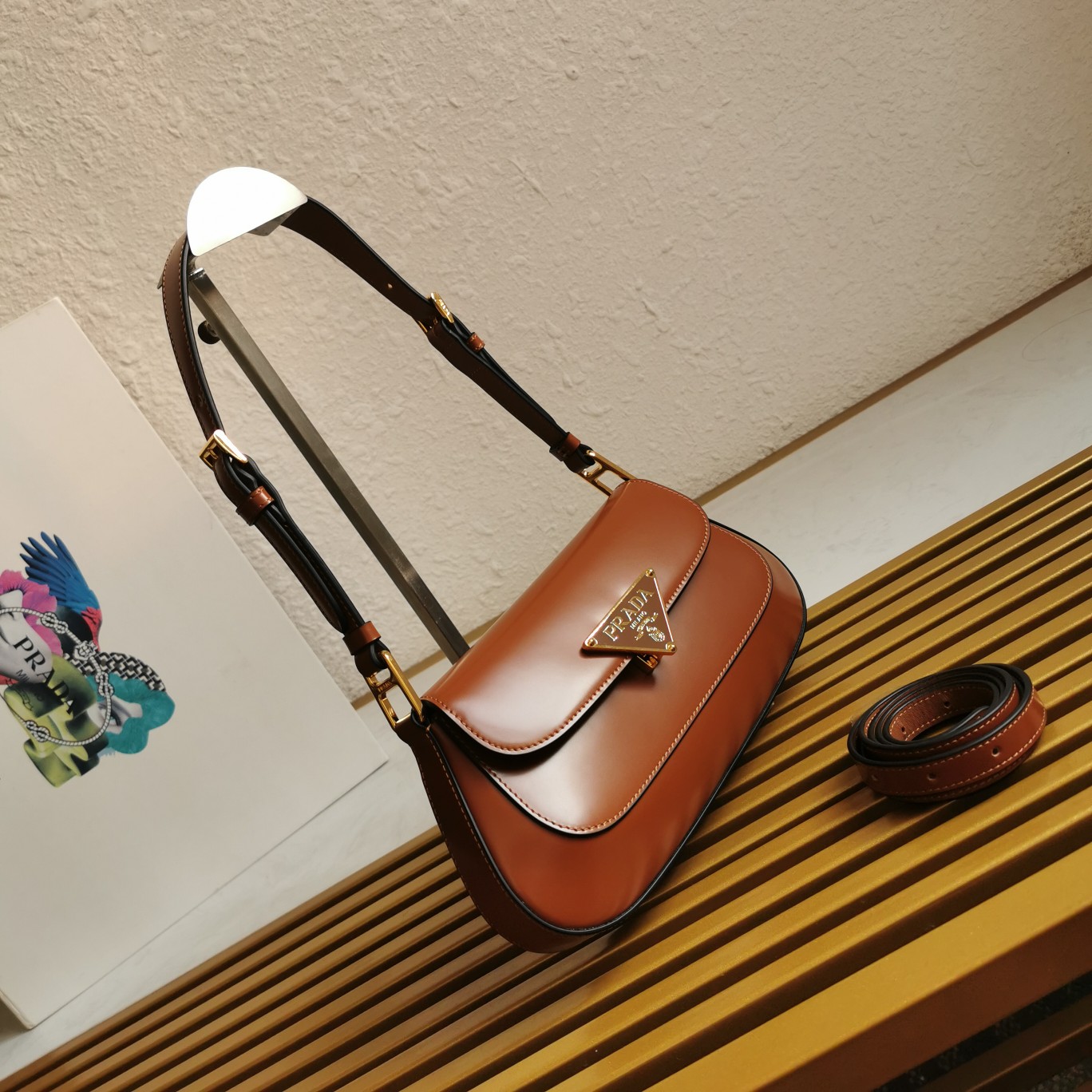 Bagsaaa Pra*a Logo Plaque Shoulder Bag Brown - 24x11x4cm