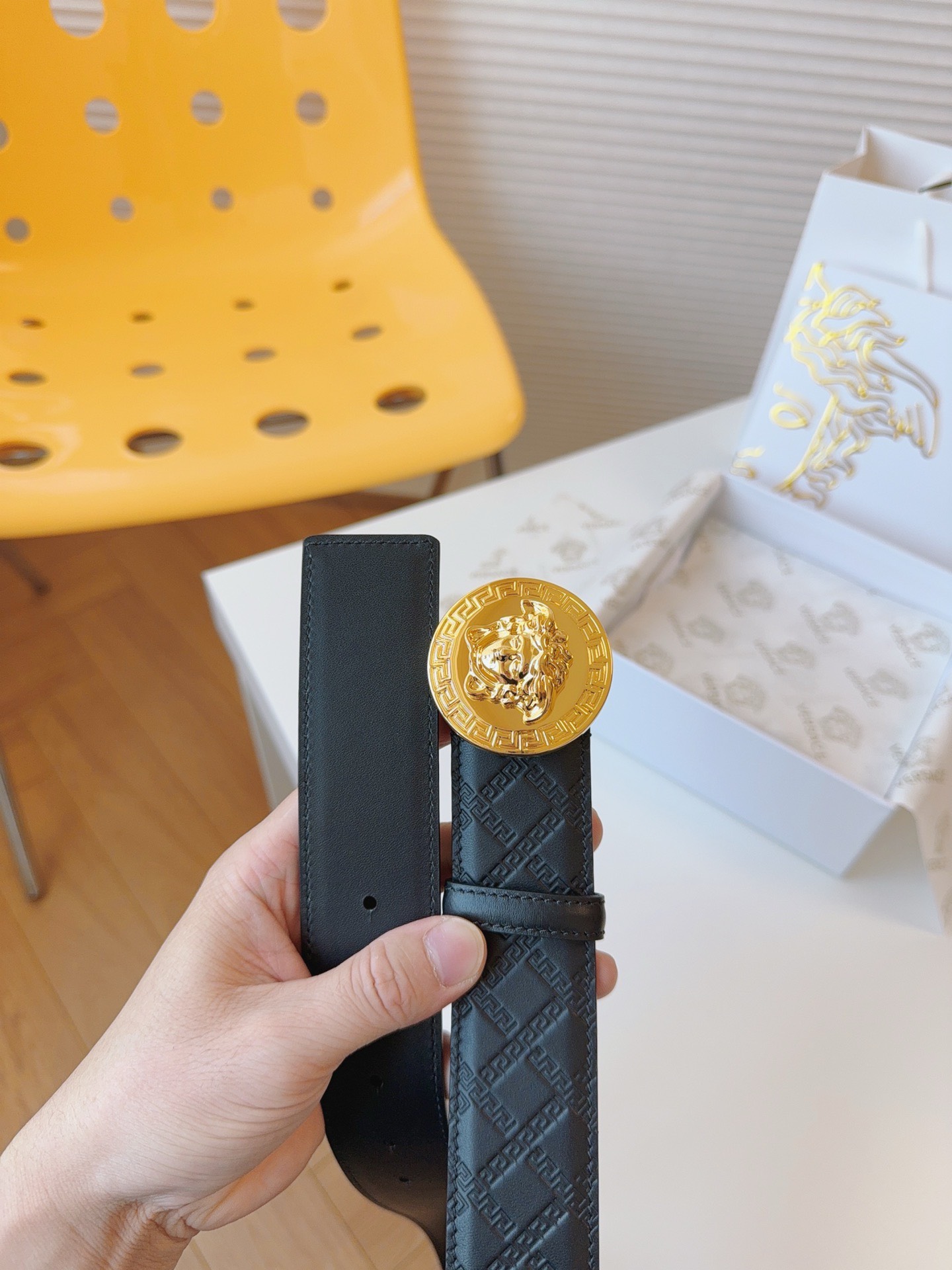 Bagsaaa Versace Black Belt Gold Hardware