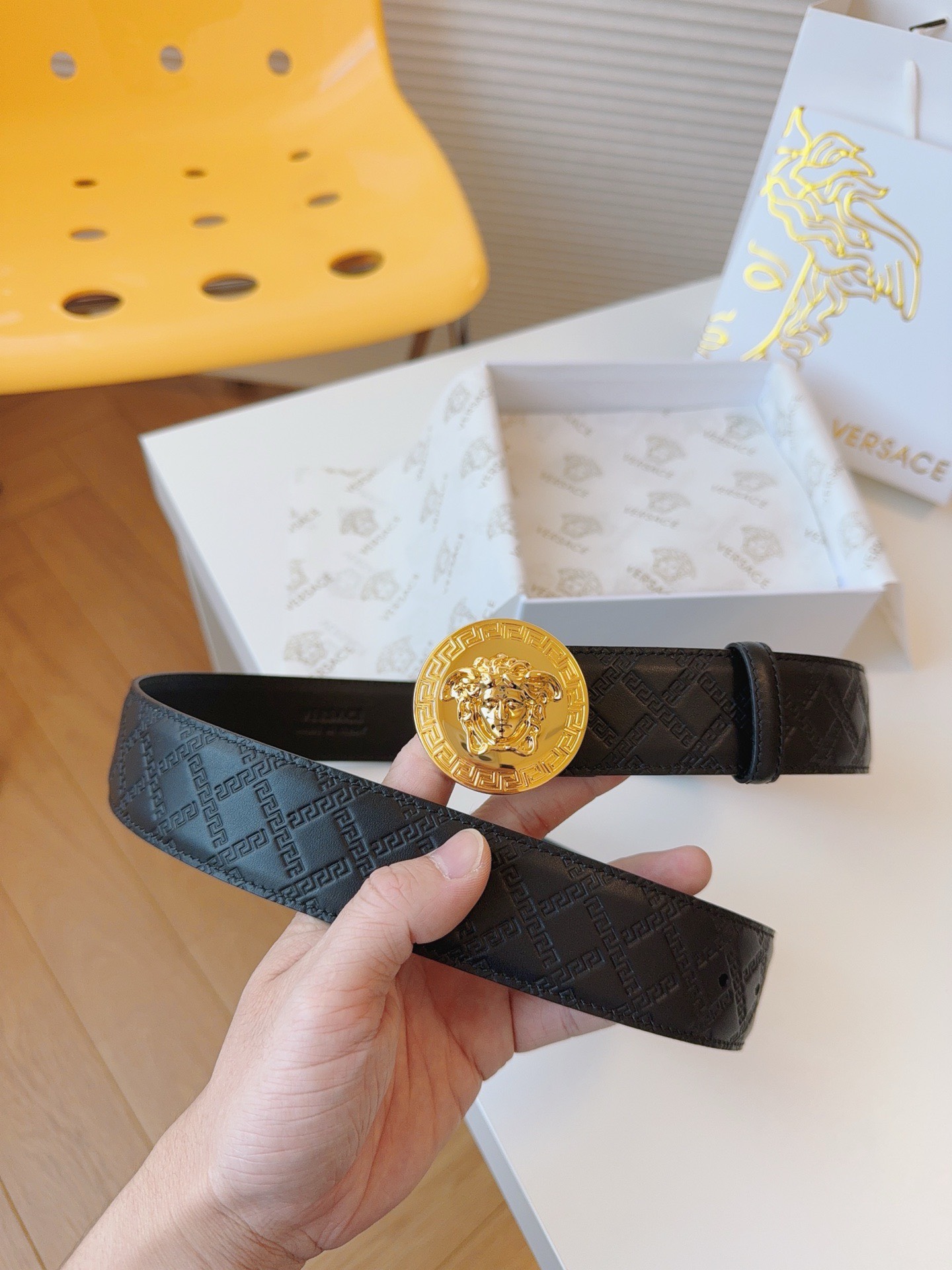 Bagsaaa Versace Black Belt Gold Hardware