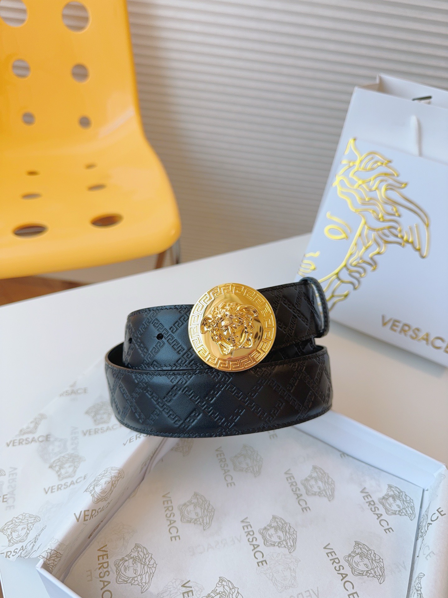 Bagsaaa Versace Black Belt Gold Hardware