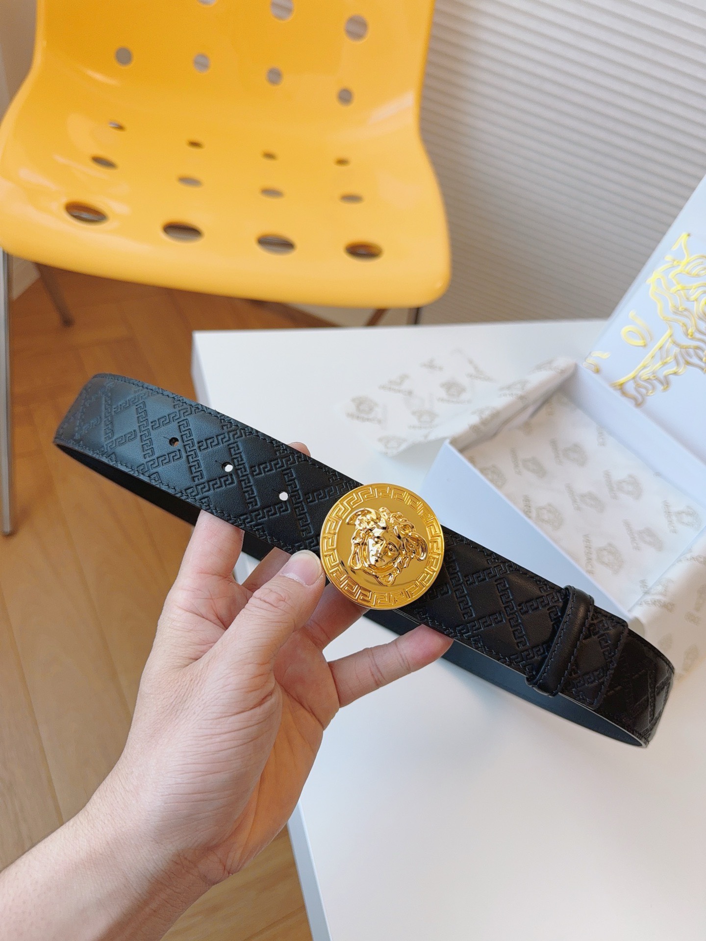 Bagsaaa Versace Black Belt Gold Hardware