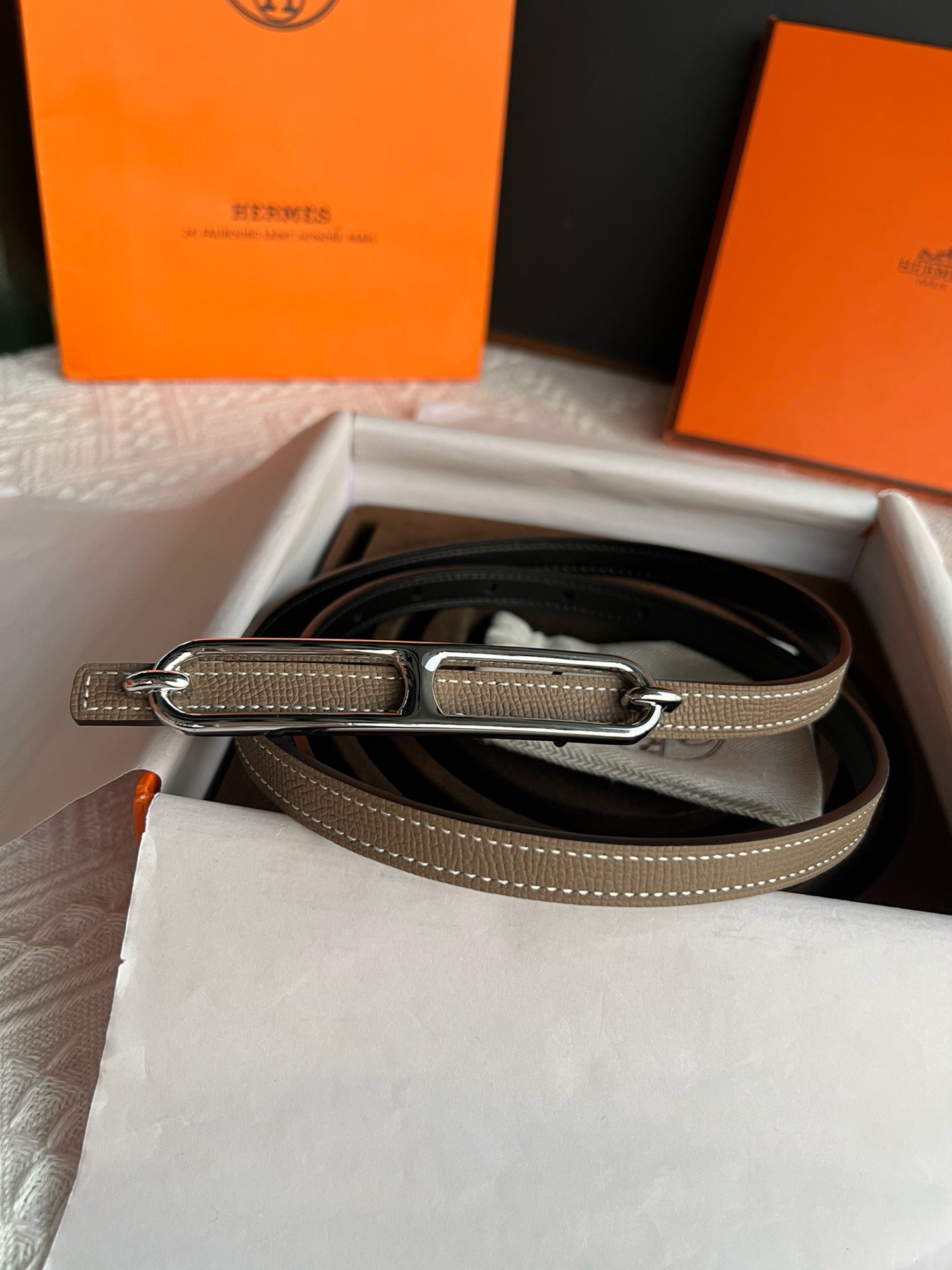 Bagsaaa H**me5 Swift Epsom 13mm Roulis Belt Grey