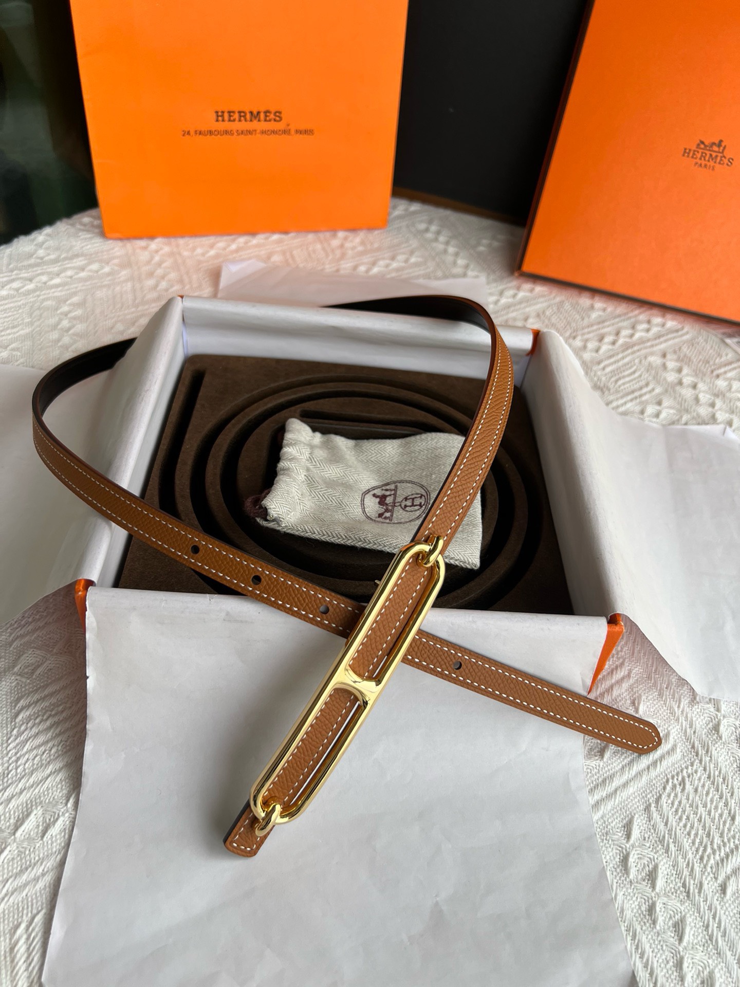 Bagsaaa H**me5 Swift Epsom 13mm Roulis Belt Brown