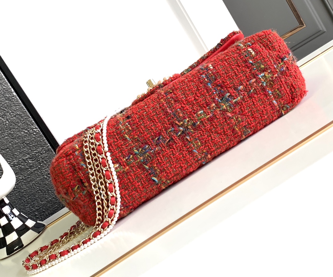 Bagsaaa Ch**el Double Flap Bag with Cut Out Handle and Multi Chain Red Tweed - 29x19x9cm