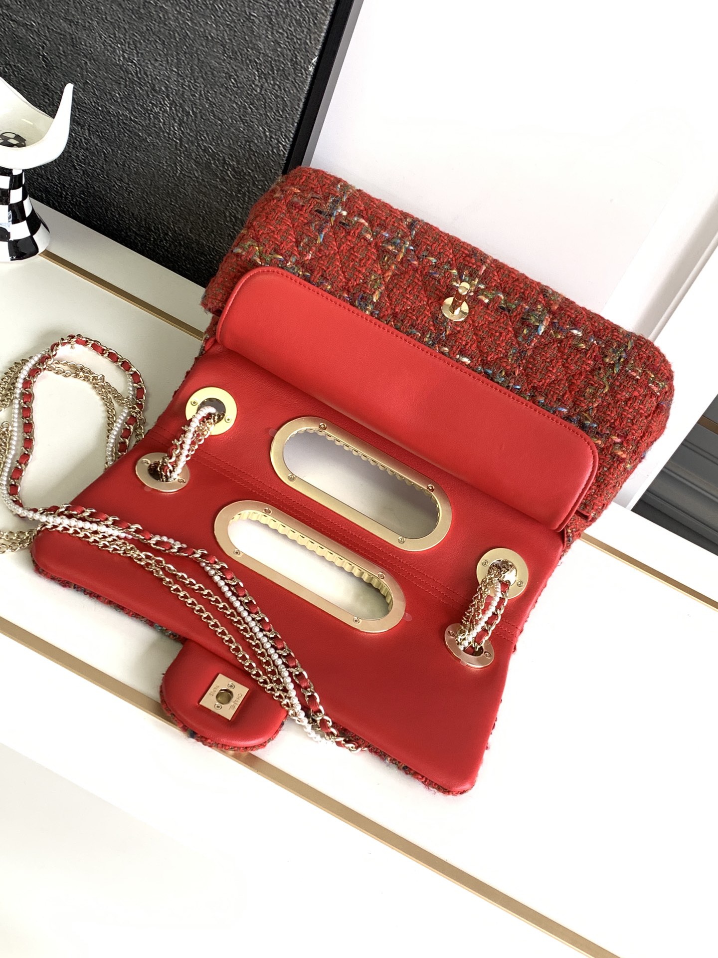 Bagsaaa Ch**el Double Flap Bag with Cut Out Handle and Multi Chain Red Tweed - 29x19x9cm