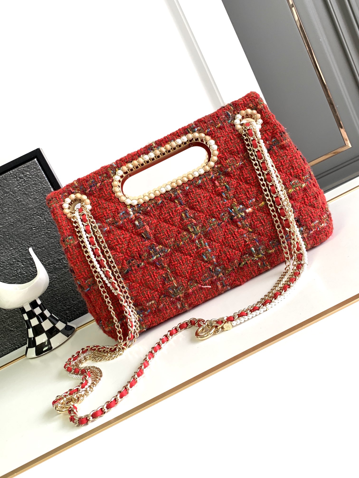 Bagsaaa Ch**el Double Flap Bag with Cut Out Handle and Multi Chain Red Tweed - 29x19x9cm