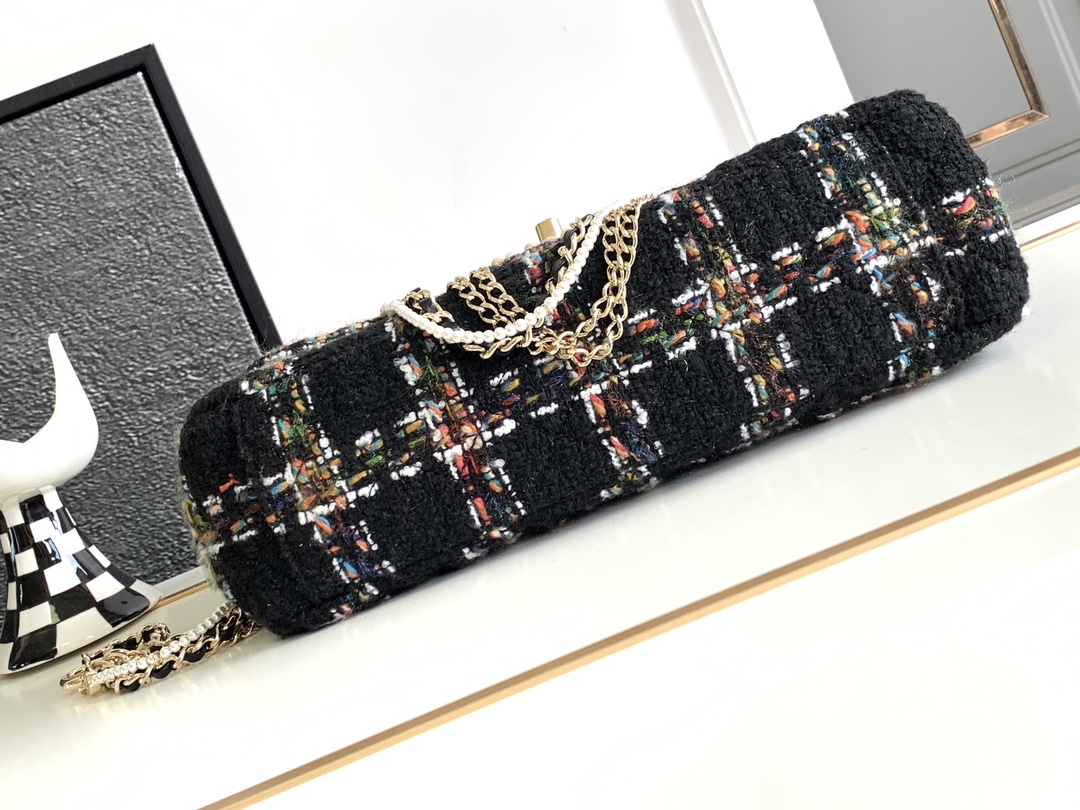 Bagsaaa Ch**el Double Flap Bag with Cut Out Handle and Multi Chain Black Tweed - 29x19x9cm