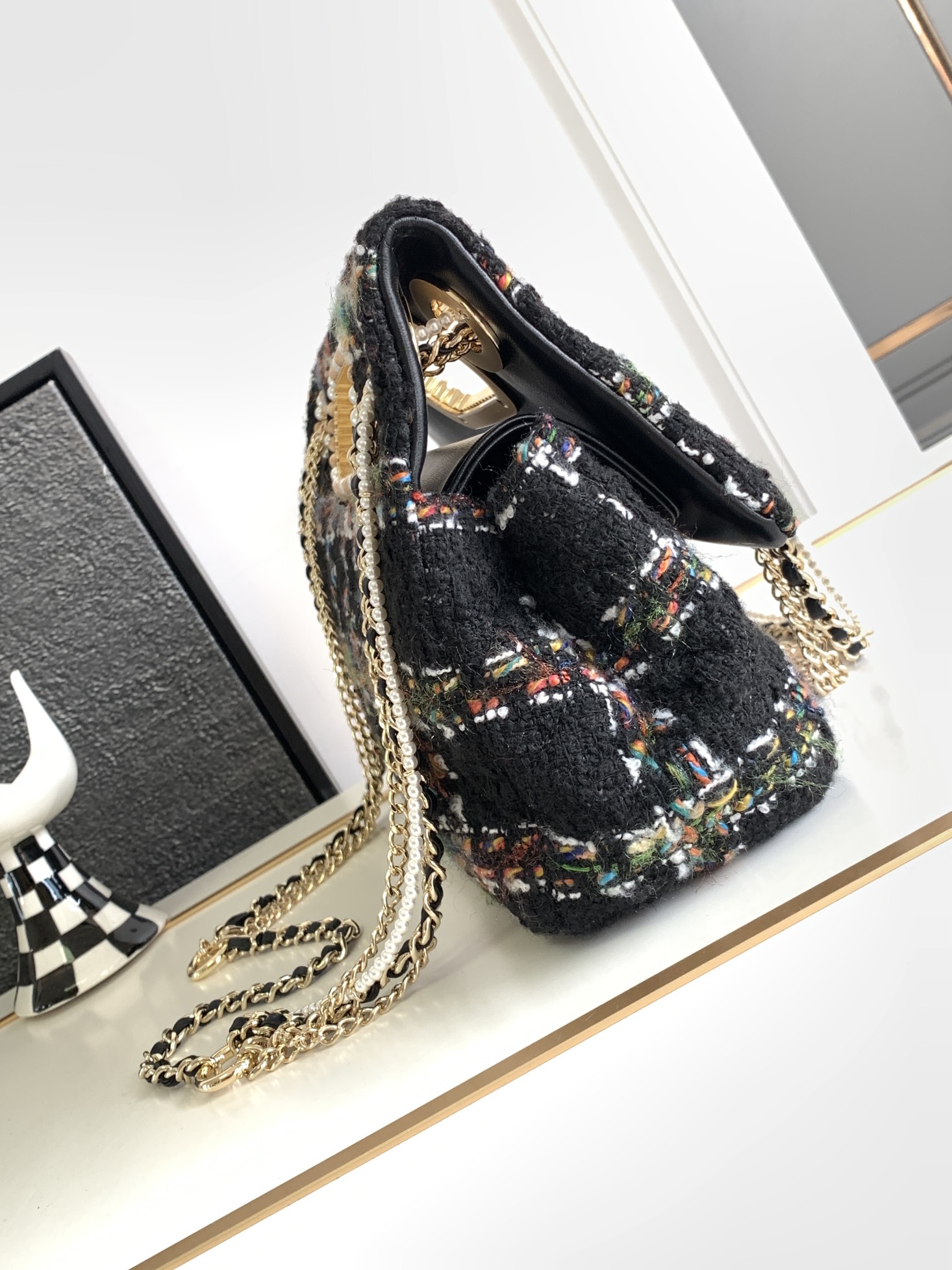 Bagsaaa Ch**el Double Flap Bag with Cut Out Handle and Multi Chain Black Tweed - 29x19x9cm
