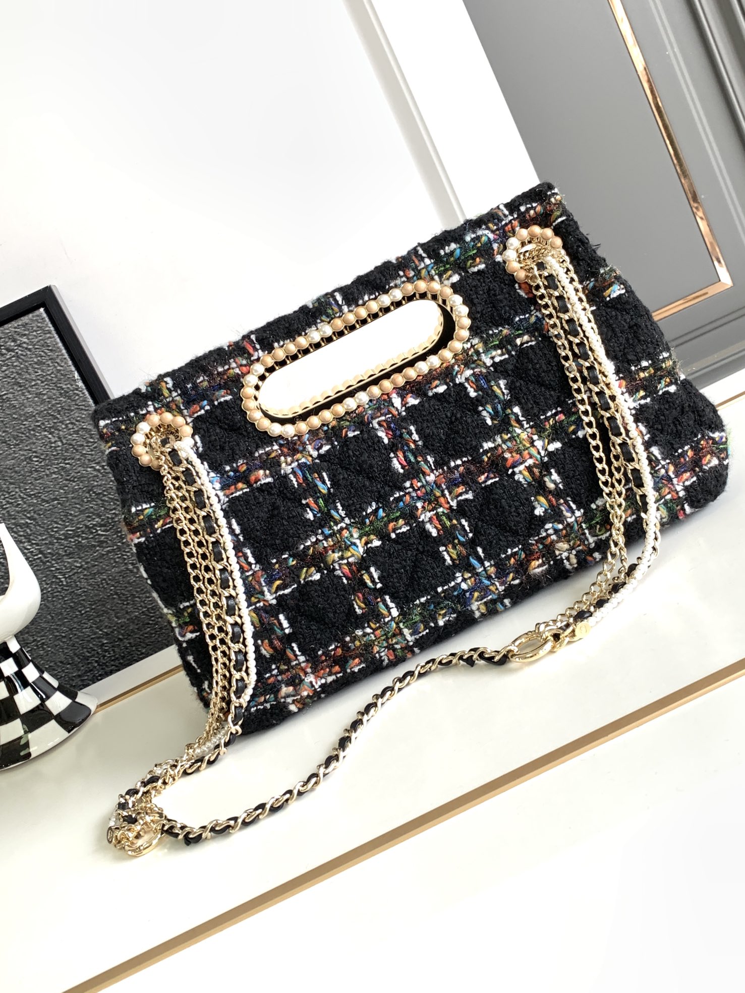 Bagsaaa Ch**el Double Flap Bag with Cut Out Handle and Multi Chain Black Tweed - 29x19x9cm