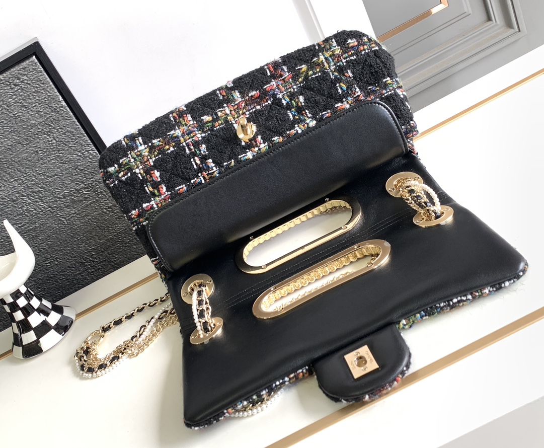 Bagsaaa Ch**el Double Flap Bag with Cut Out Handle and Multi Chain Black Tweed - 29x19x9cm
