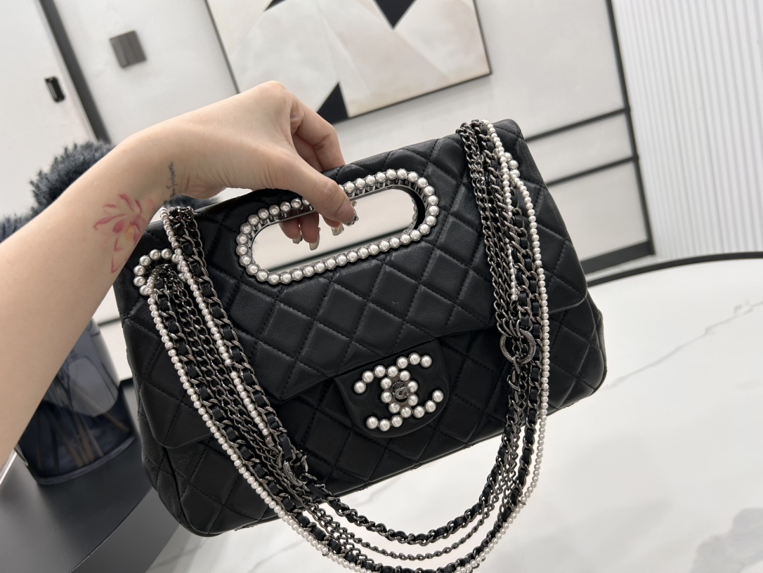 Bagsaaa Ch**el Double Flap Bag with Cut Out Handle and Multi Chain Black Leather - 28＊20＊7cm