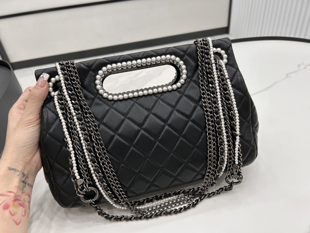 Bagsaaa Ch**el Double Flap Bag with Cut Out Handle and Multi Chain Black Leather - 28＊20＊7cm