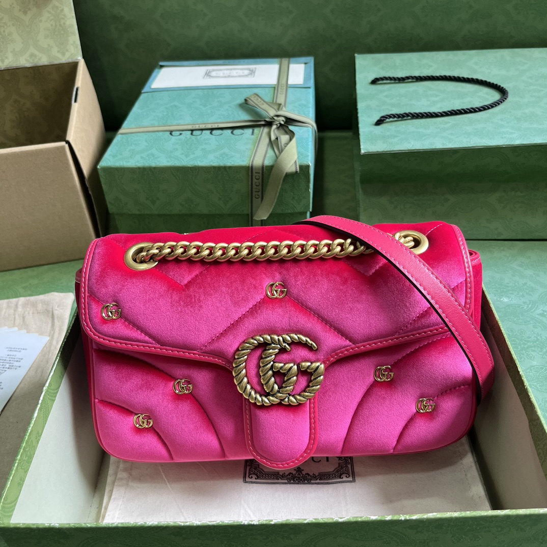 Bagsaaa Gvc*1 GG Marmont Small Shoulder Bag Pink Velvet ‎443497 - 26x15x7cm