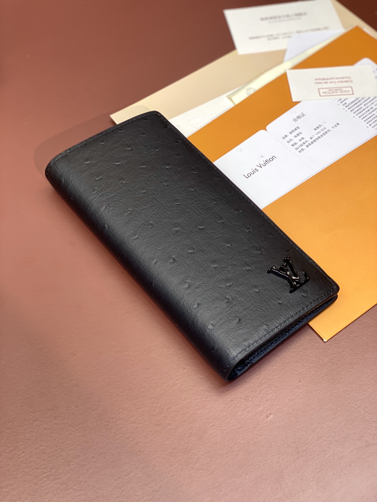 Bagsaaa LV Vertical Wallet Black Ostrich Leather - 10*19*2CM