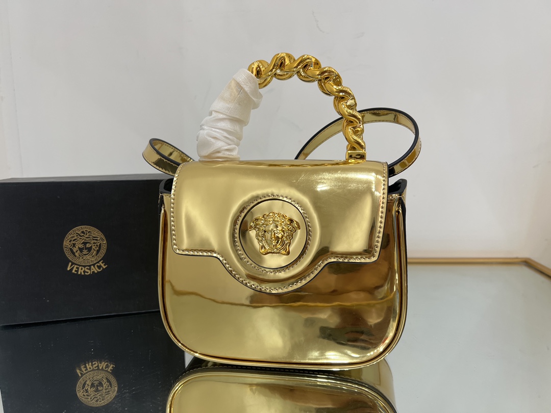 Bagsaaa Versace La Medusa studded top-handle bag in gold 16*6*12CM