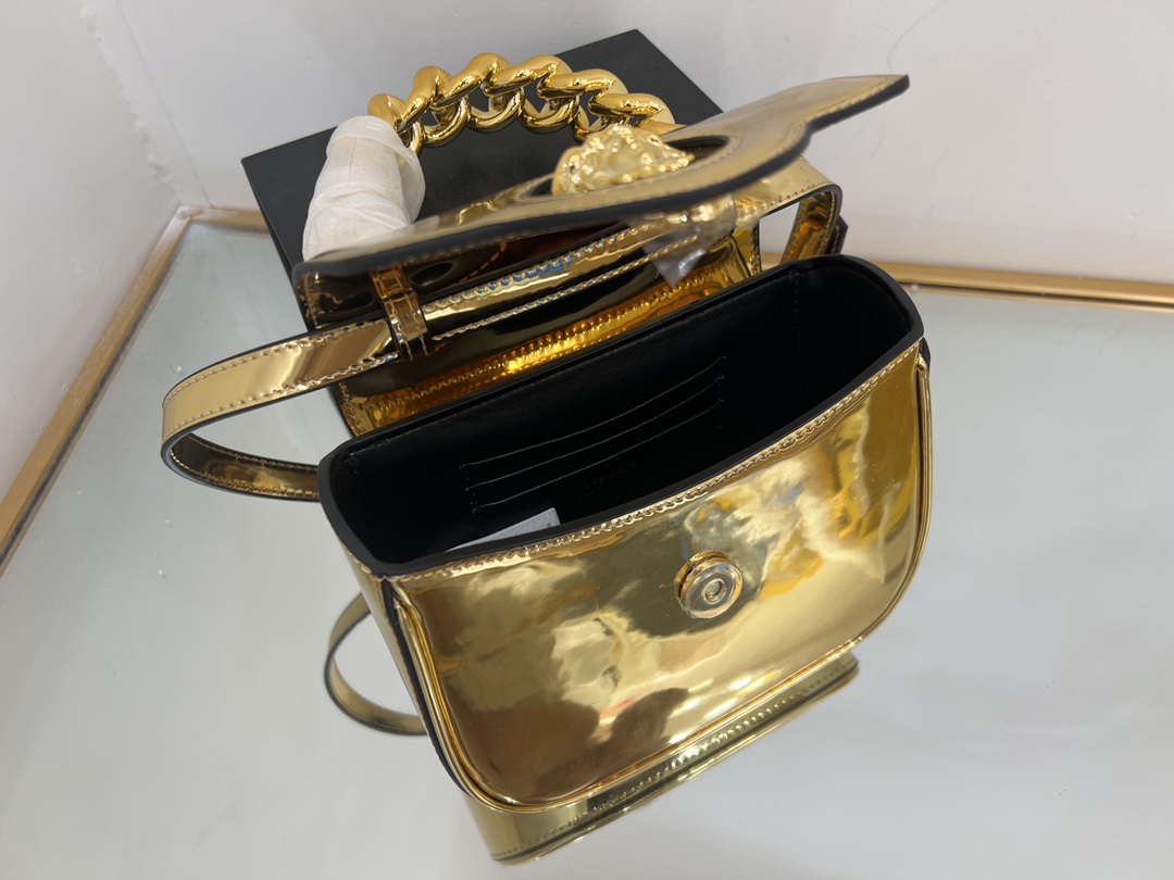 Bagsaaa Versace La Medusa studded top-handle bag in gold 16*6*12CM