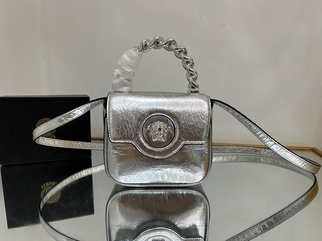 Bagsaaa Versace La Medusa studded top-handle bag in silver 16*6*12CM