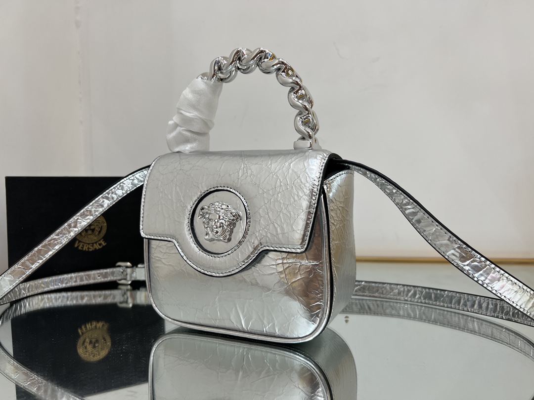 Bagsaaa Versace La Medusa studded top-handle bag in silver 16*6*12CM