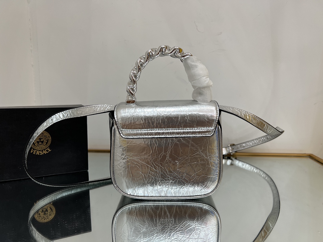Bagsaaa Versace La Medusa studded top-handle bag in silver 16*6*12CM