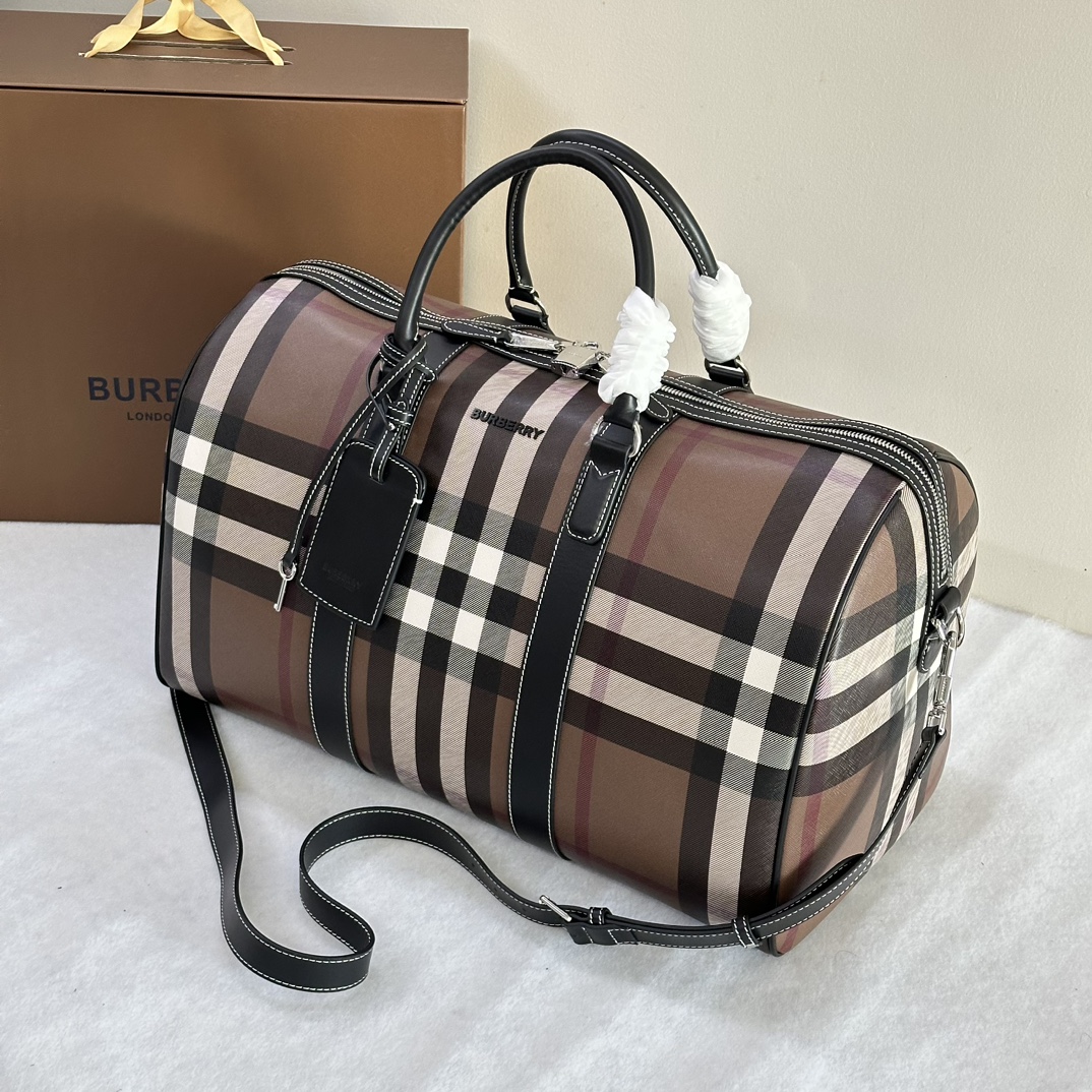 Bagsaaa Bv*b*rry Boston TRavel Bag With Check E - Canavs In Black - 49*25*28cm