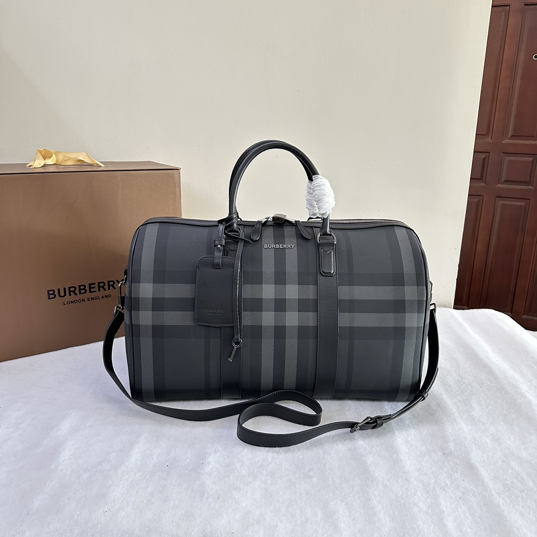 Bagsaaa Bv*b*rry Boston TRavel Bag With Check E - Canavs In Grey - 49*25*28cm
