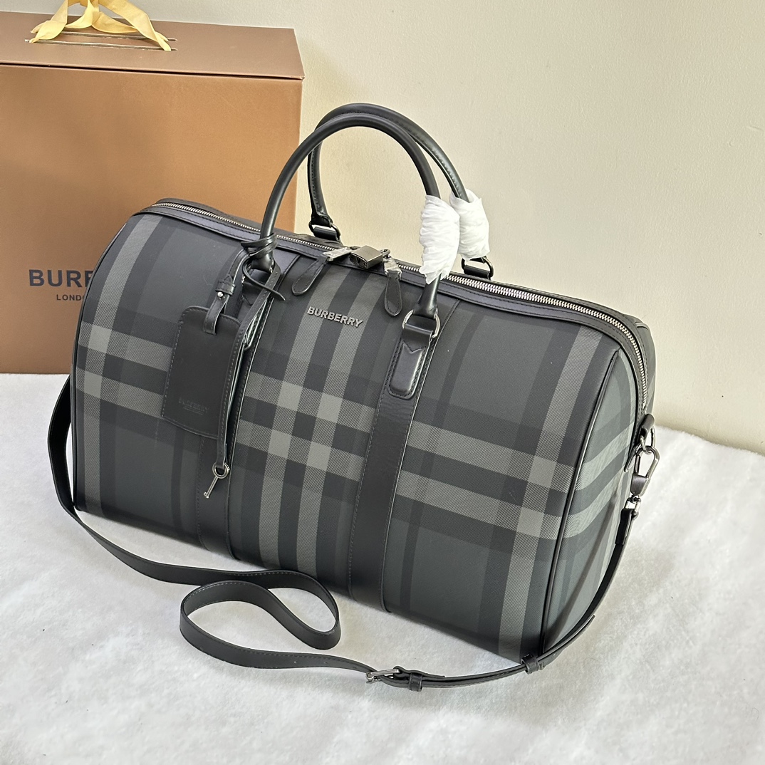 Bagsaaa Bv*b*rry Boston TRavel Bag With Check E - Canavs In Grey - 49*25*28cm