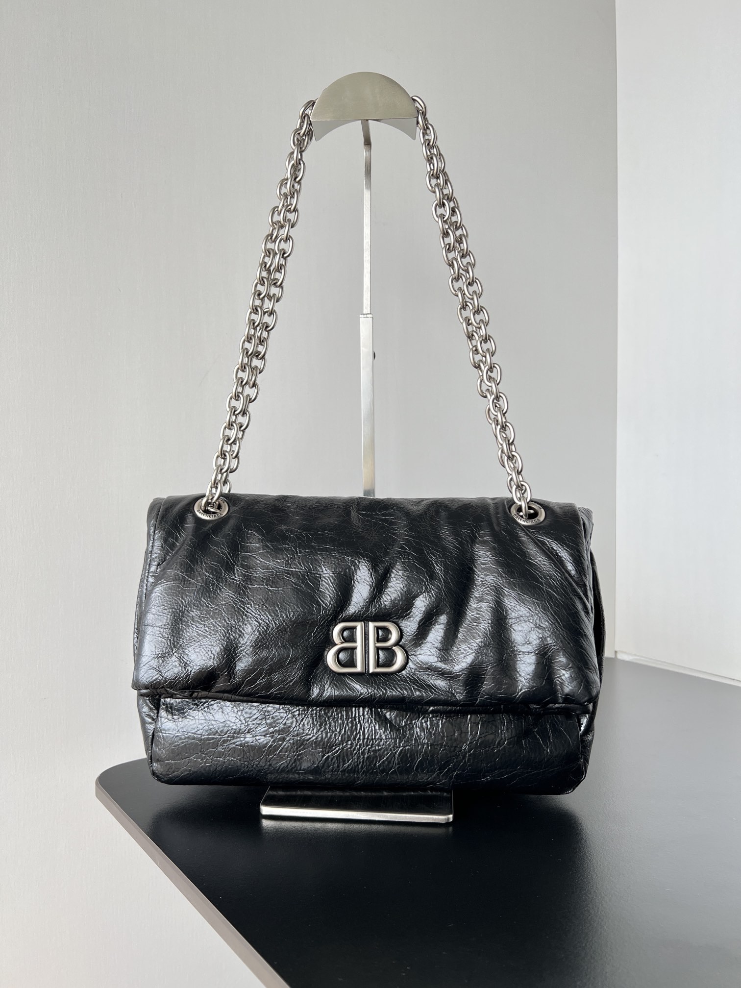 BAGSAAA Ba1en*iaga MONACO CHAIN BAG IN BLACK SILVER HARDWARE 