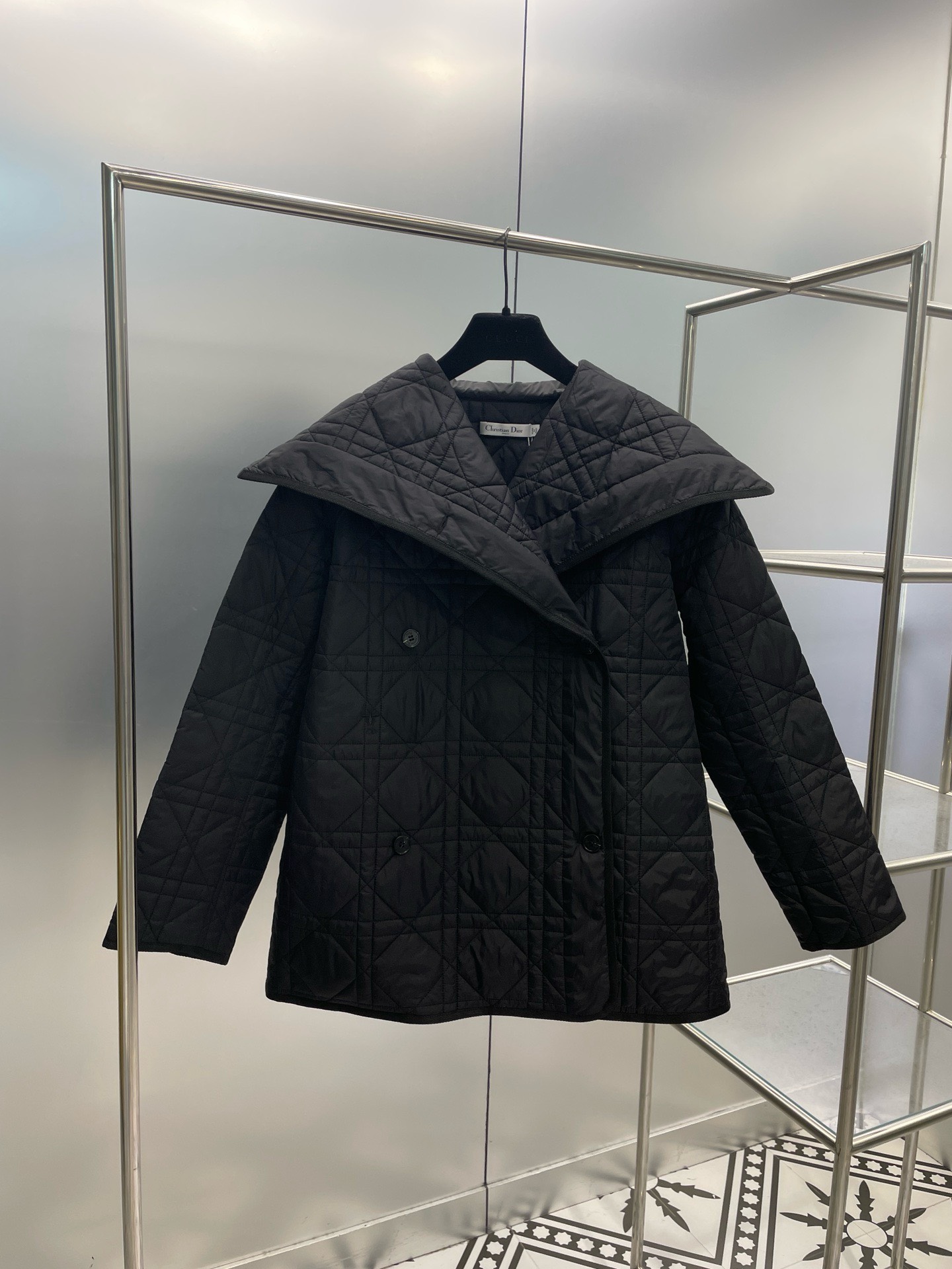 Bagsaaa D10r Macrocannage Belted Peacoat Black Quilted Technical Taffeta