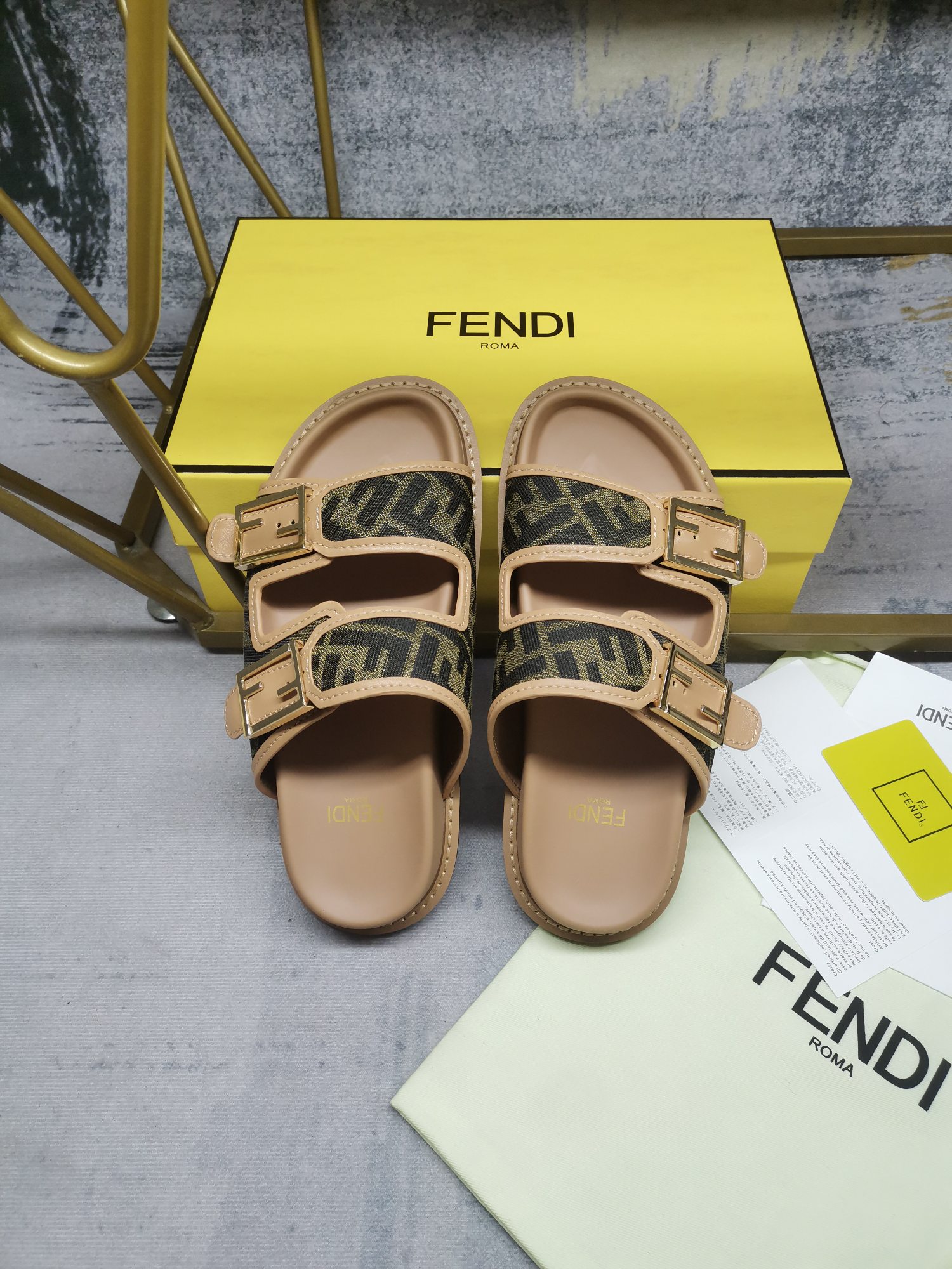 Bagsaaa F**di Feel FF chenille slides in beige and brown