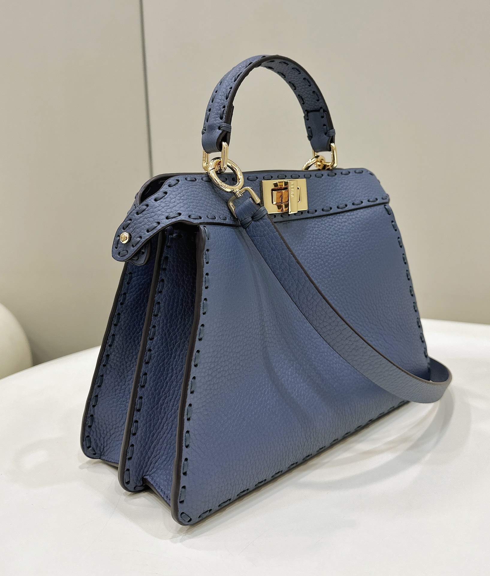 Bagsaaa F**di Peekaboo ISeeU Small Midnight blue Selleria bag with oversized topstitching