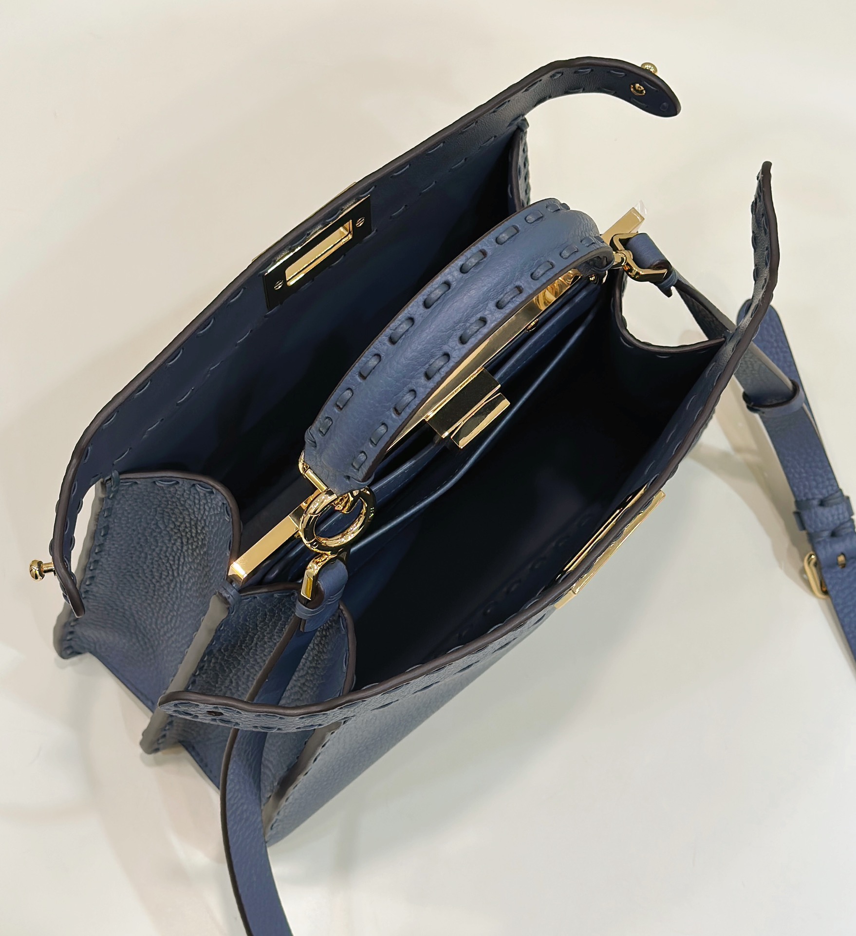 Bagsaaa F**di Peekaboo ISeeU Small Midnight blue Selleria bag with oversized topstitching