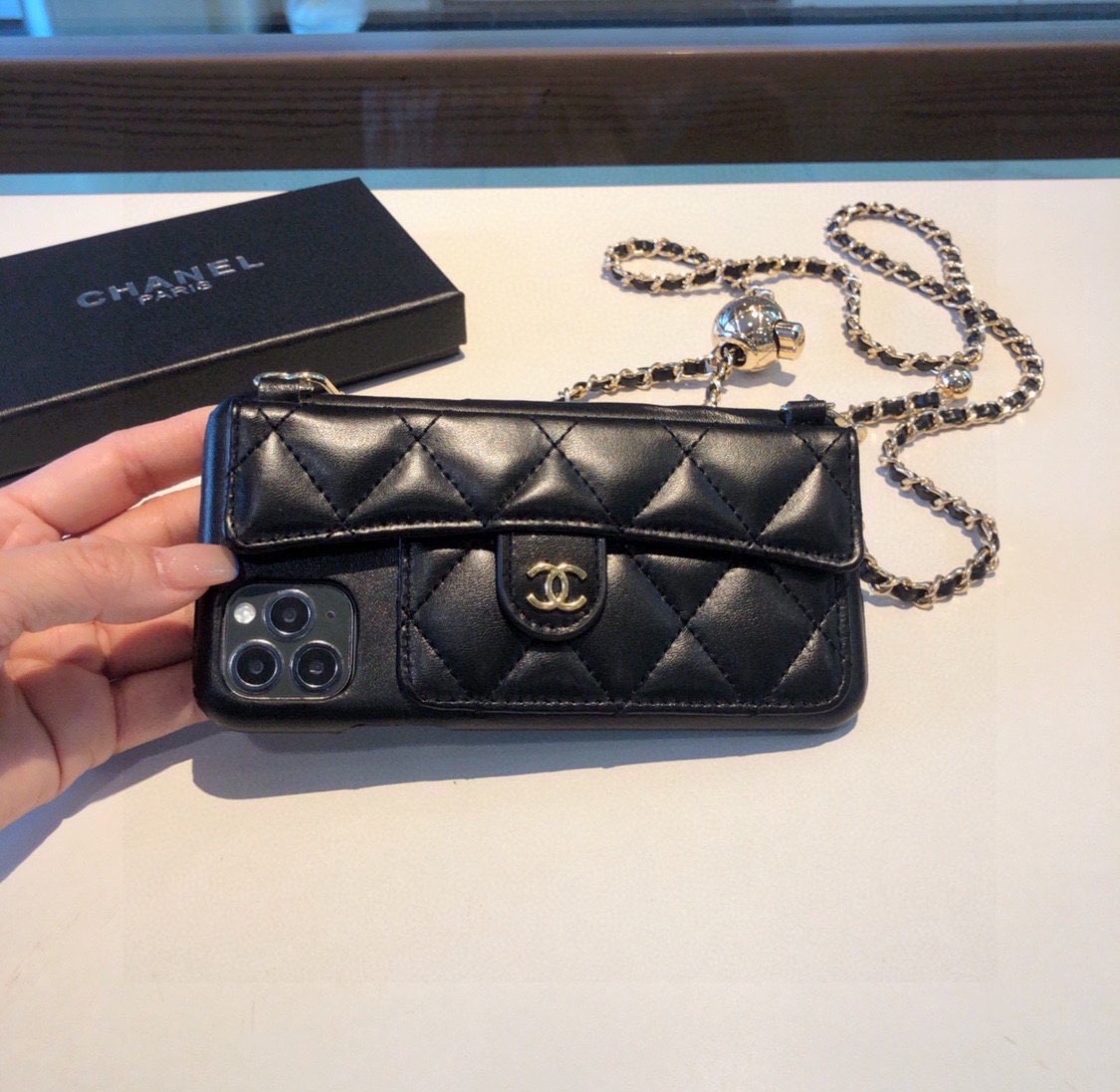 Bagsaaa Ch**el Flap Bag Black Quilted Lambskin Phone Case