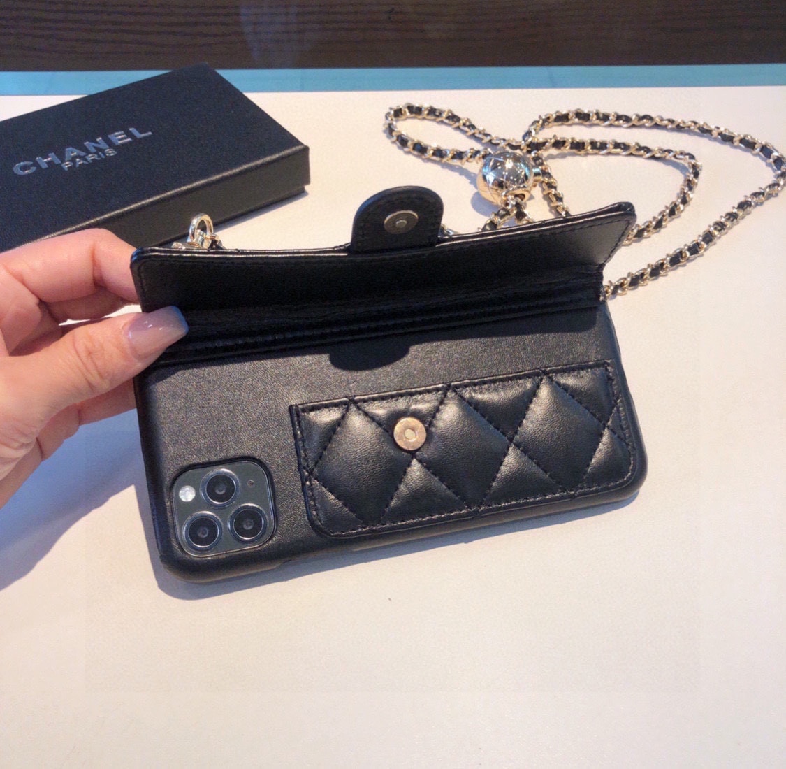 Bagsaaa Ch**el Flap Bag Black Quilted Lambskin Phone Case