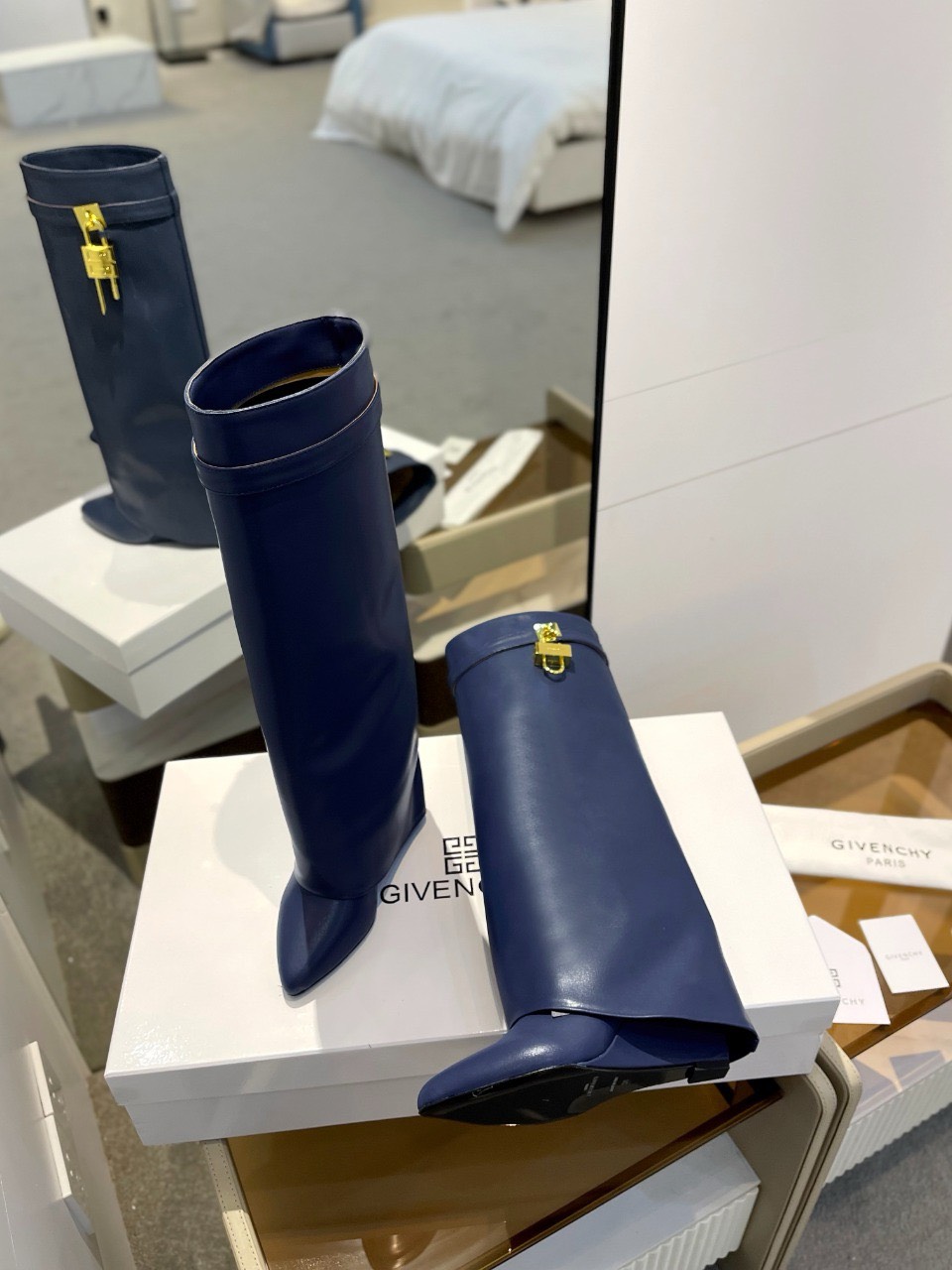 Bagsaaa Givenchy Shark Lock Ankle Long Boots in leather dark blue with gold hardware