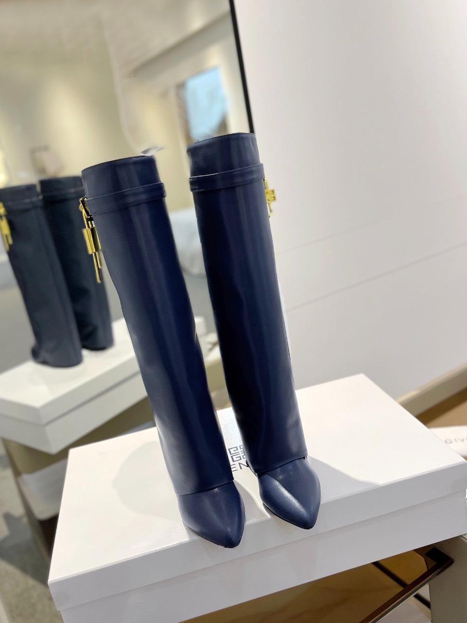 Bagsaaa Givenchy Shark Lock Ankle Long Boots in leather dark blue with gold hardware