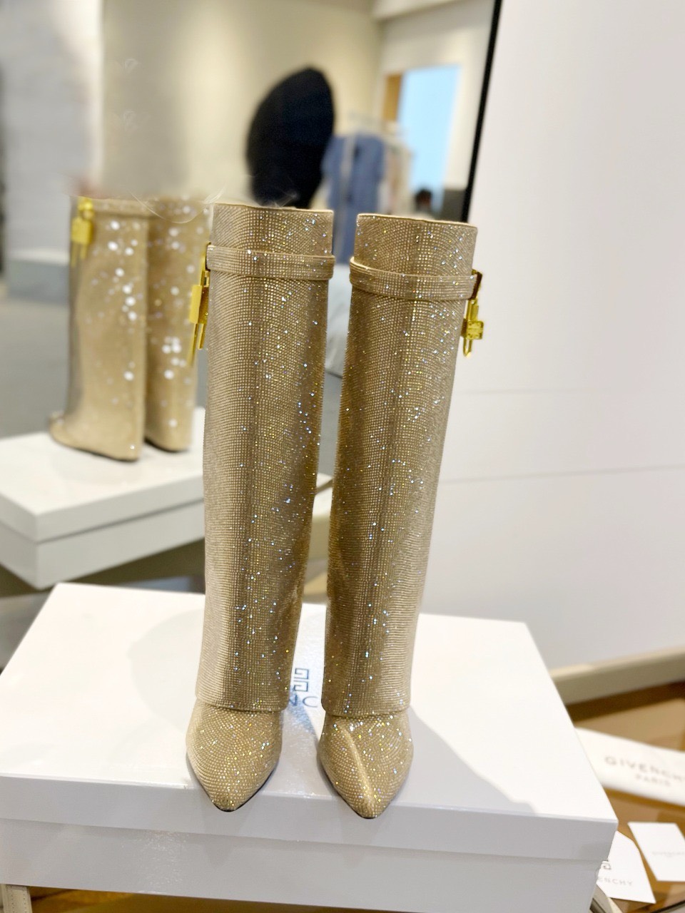Bagsaaa Givenchy Shark Lock Ankle Long Boots in gold crystal