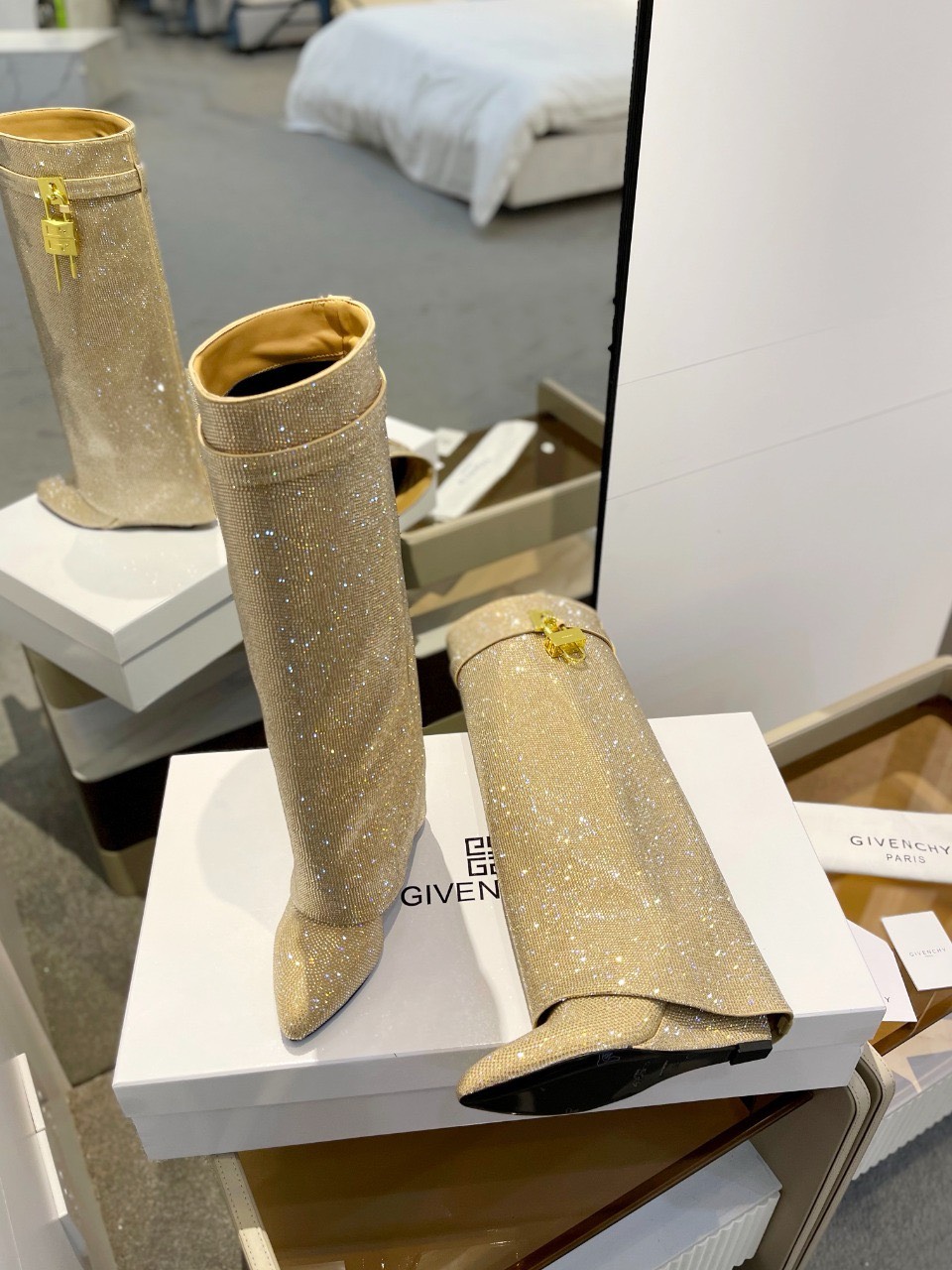Bagsaaa Givenchy Shark Lock Ankle Long Boots in gold crystal
