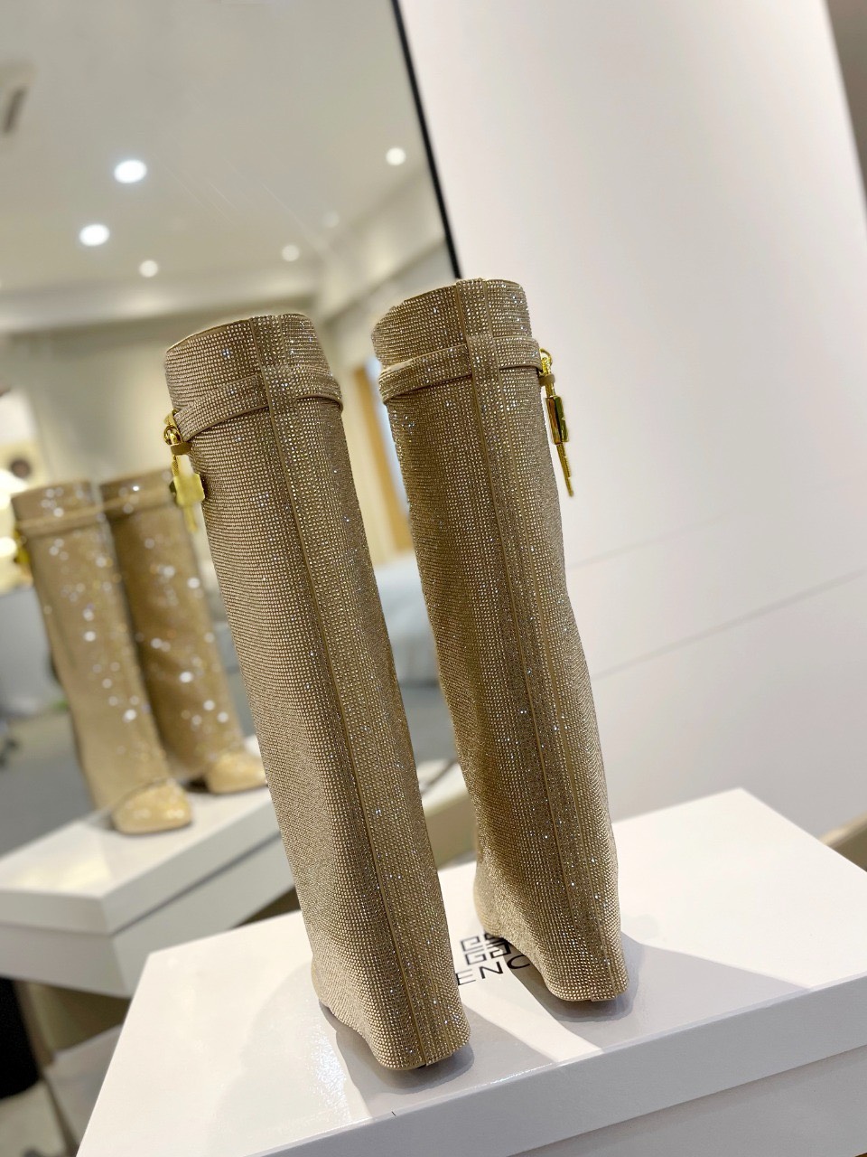 Bagsaaa Givenchy Shark Lock Ankle Long Boots in gold crystal