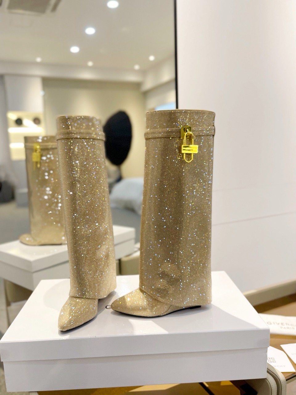 Bagsaaa Givenchy Shark Lock Ankle Long Boots in gold crystal