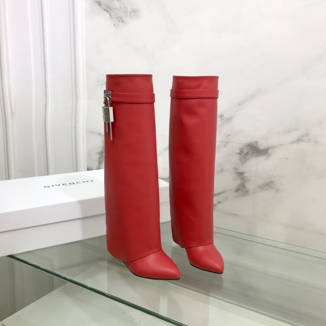 Bagsaaa Givenchy Shark Lock Ankle Long Boots in red leather