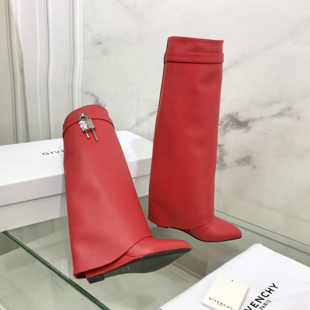 Bagsaaa Givenchy Shark Lock Ankle Long Boots in red leather