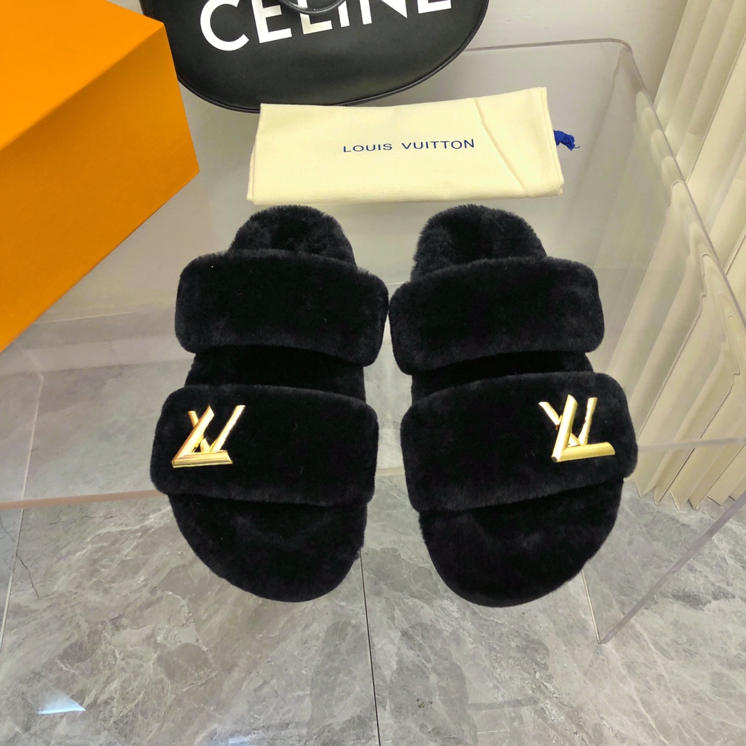 Bagsaaa L0vis Vvtt0n Black shearling Comfort Flat Mule