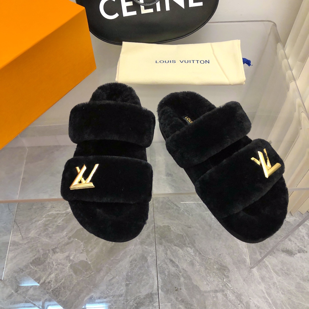 Bagsaaa L0vis Vvtt0n Black shearling Comfort Flat Mule