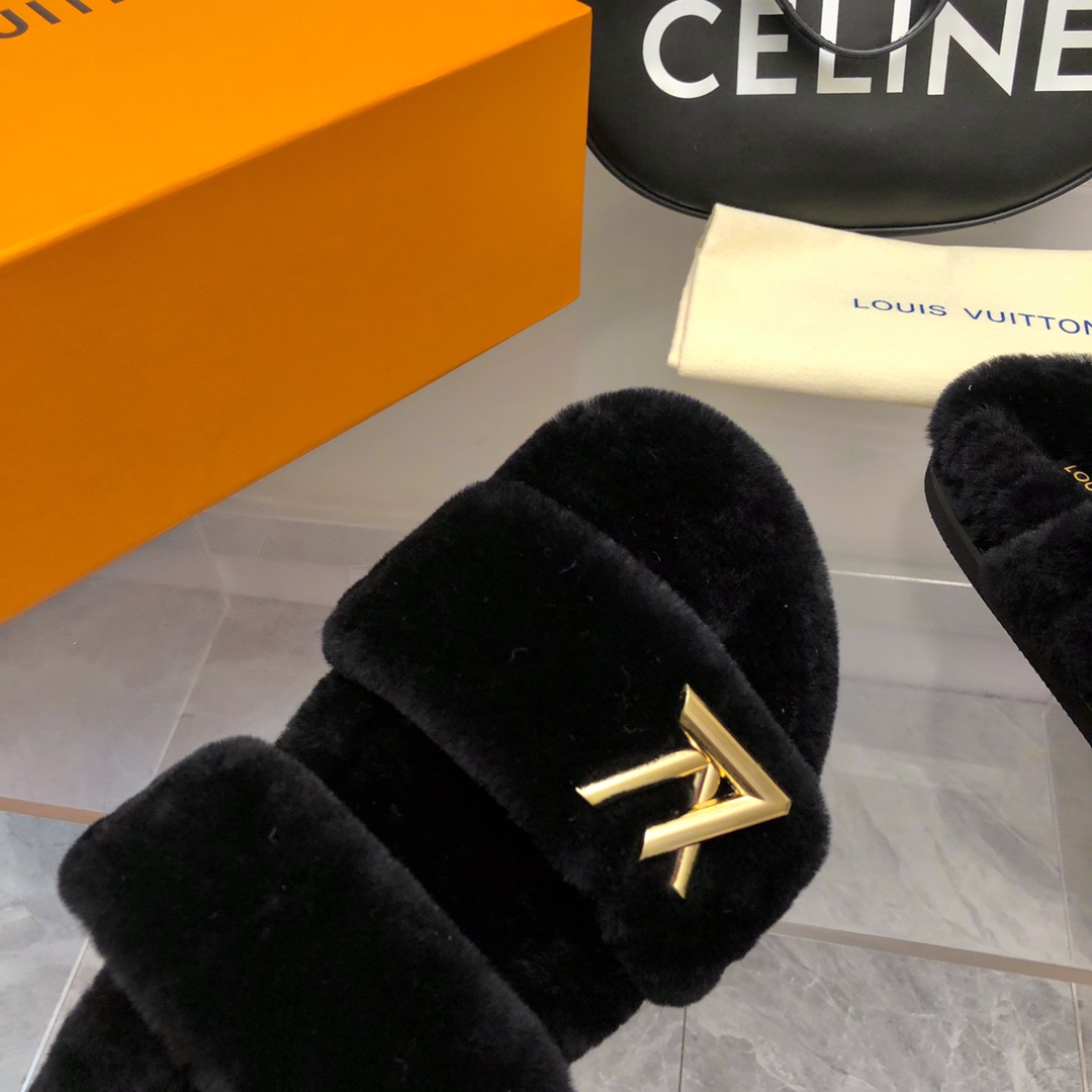 Bagsaaa L0vis Vvtt0n Black shearling Comfort Flat Mule
