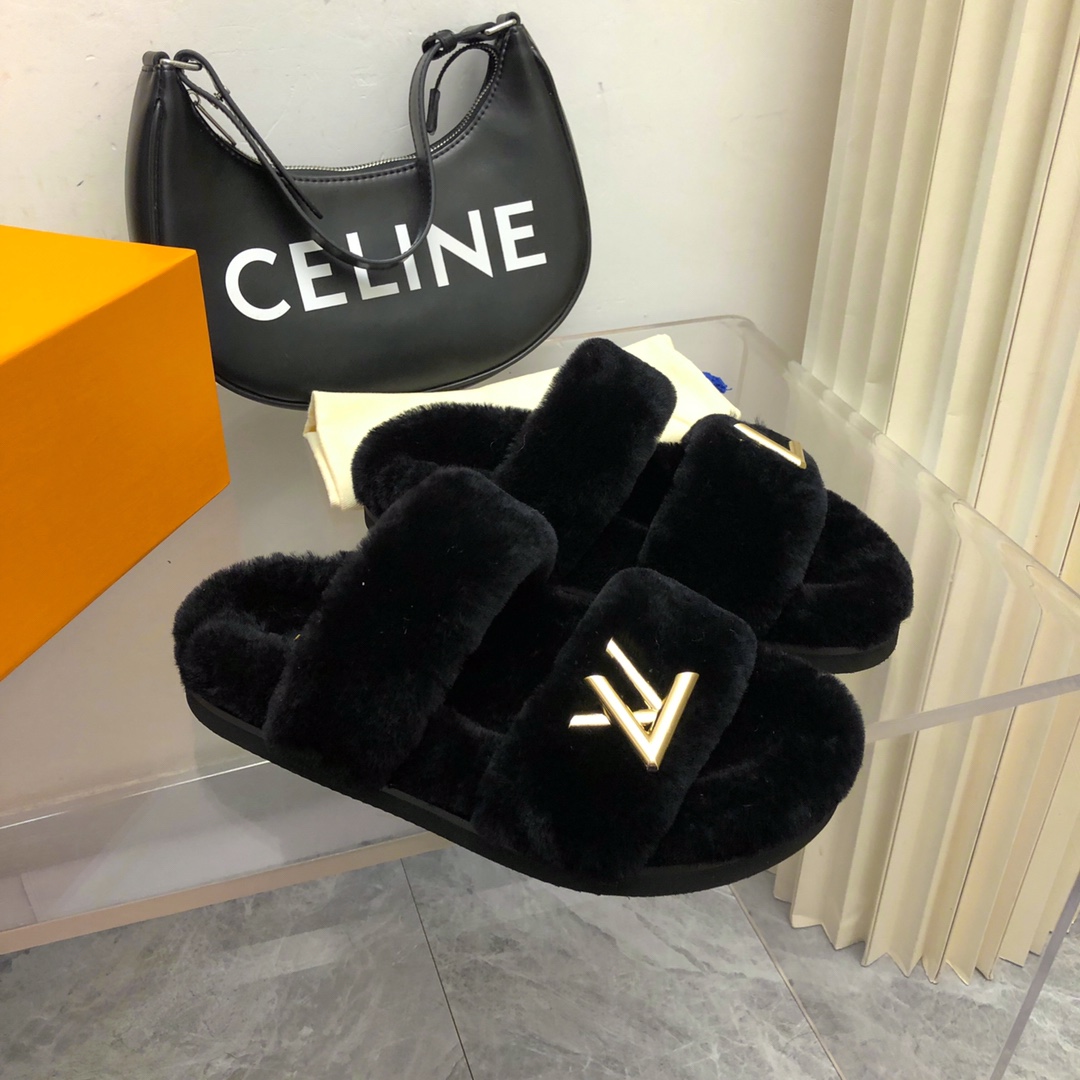 Bagsaaa L0vis Vvtt0n Black shearling Comfort Flat Mule