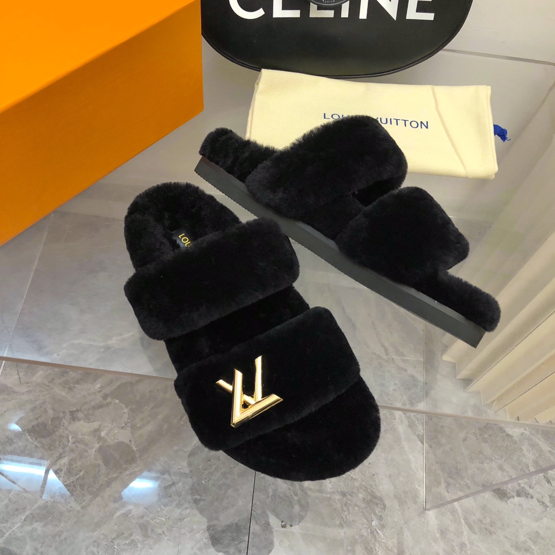 Bagsaaa L0vis Vvtt0n Black shearling Comfort Flat Mule
