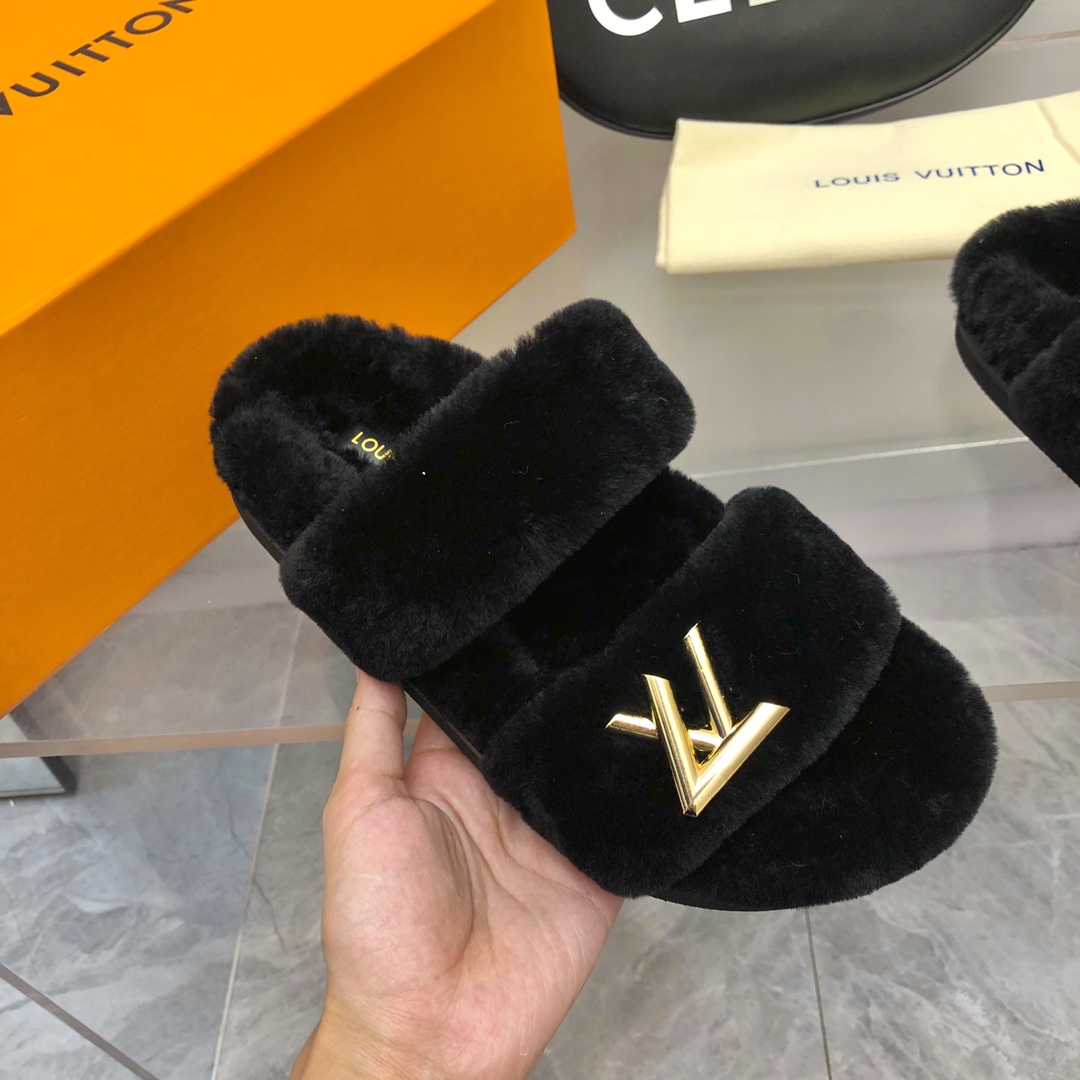 Bagsaaa L0vis Vvtt0n Black shearling Comfort Flat Mule