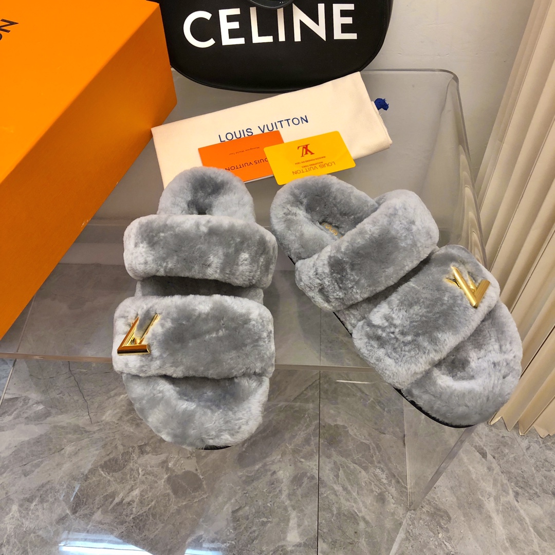 Bagsaaa L0vis Vvtt0n Grey shearling Comfort Flat Mule
